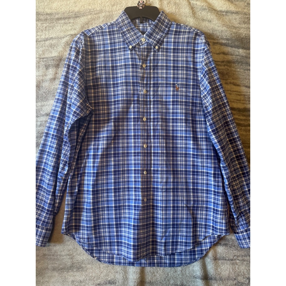 Ralph Lauren Mens Blue White Plaid Long Sleeve Button Down Shirt Size M Classic